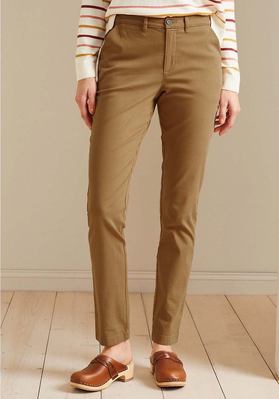 Salt-Washed Slim Chino Pants, Tan Straight Cuffed Preppy Casual